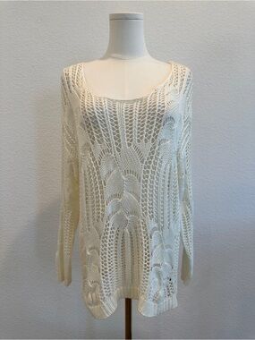Boho Open Knit Crochet Sweater Cover Up | Cream | Size M